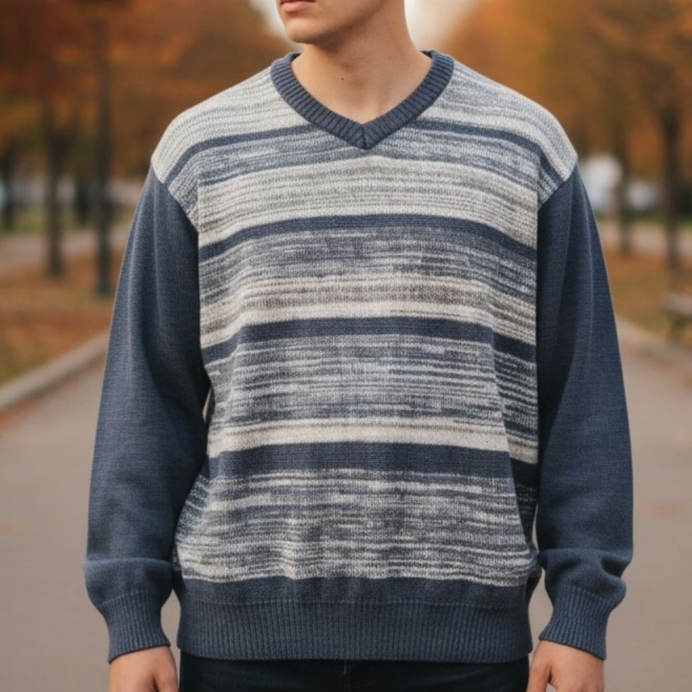 CELLINNI‎ COLLECTIONS | Classic Wool Blend V-Neck Striped Sweater for Men | XXL